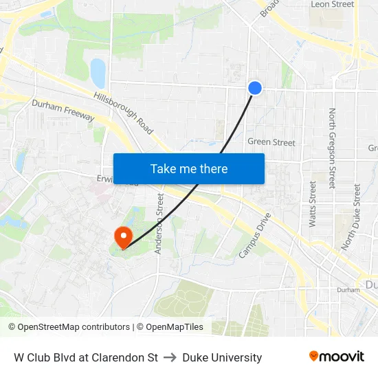 W Club Blvd at Clarendon St to Duke University map