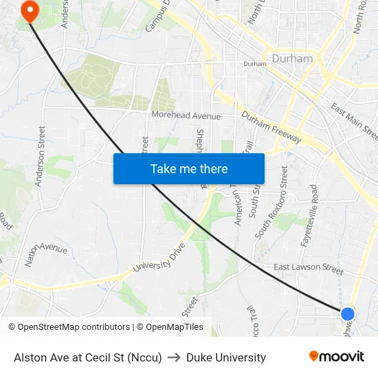Alston Ave at Cecil St (Nccu) to Duke University map