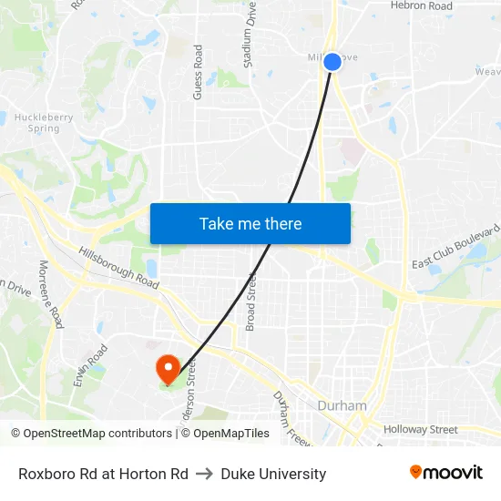 Roxboro Rd at Horton Rd to Duke University map