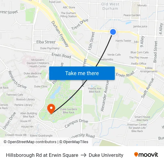 Hillsborough Rd at Erwin Square to Duke University map