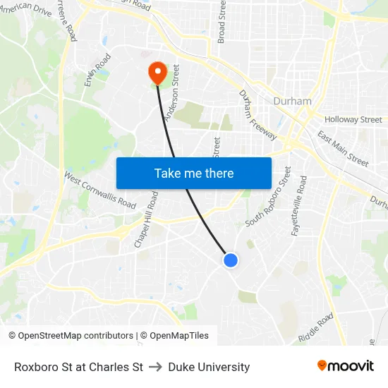 Roxboro St at Charles St to Duke University map