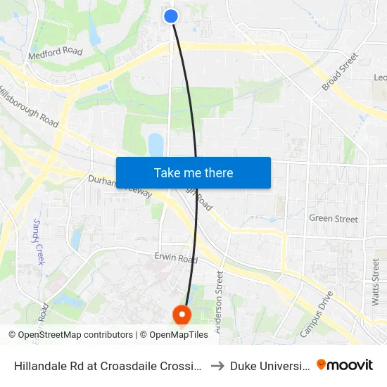 Hillandale Rd at Croasdaile Crossing to Duke University map