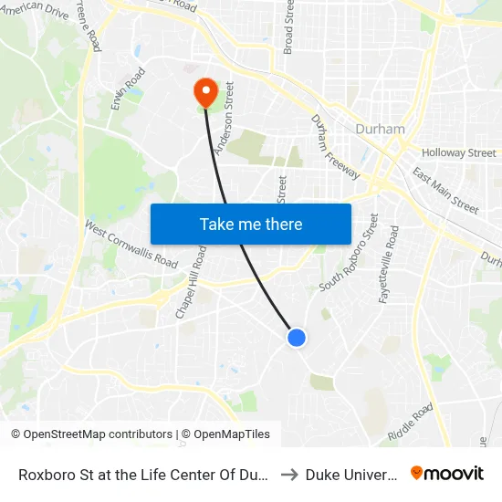 Roxboro St at the Life Center Of Durham to Duke University map