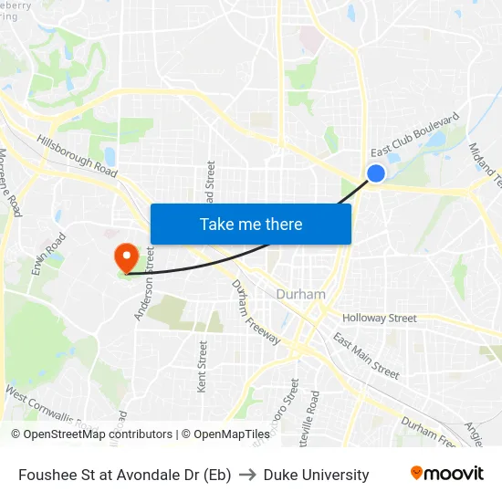 Foushee St at Avondale Dr (Eb) to Duke University map