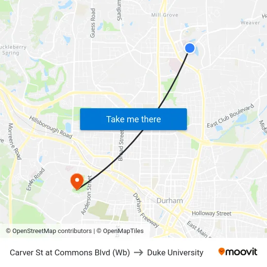 Carver St at Commons Blvd (Wb) to Duke University map