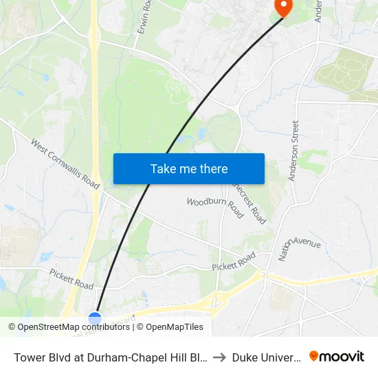 Tower Blvd at Durham-Chapel Hill Blvd (M to Duke University map