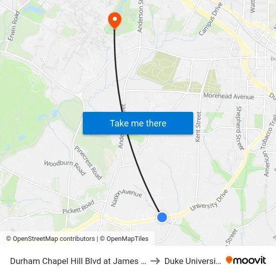 Durham Chapel Hill Blvd at James St to Duke University map