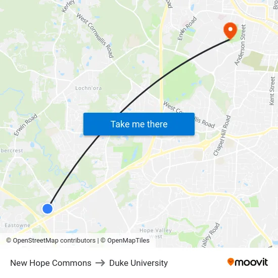 New Hope Commons to Duke University map