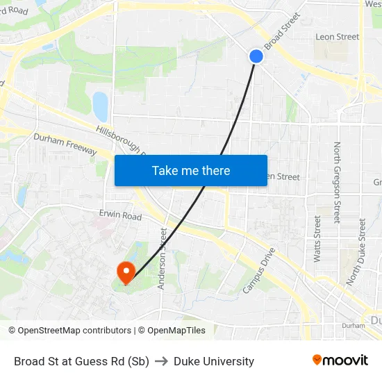Broad St at Guess Rd (Sb) to Duke University map