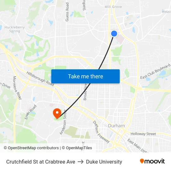Crutchfield St at Crabtree Ave to Duke University map