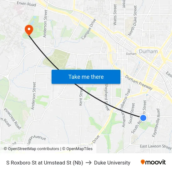 S Roxboro St at Umstead St (Nb) to Duke University map