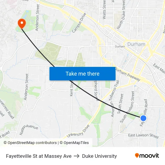 Fayetteville St at Massey Ave to Duke University map