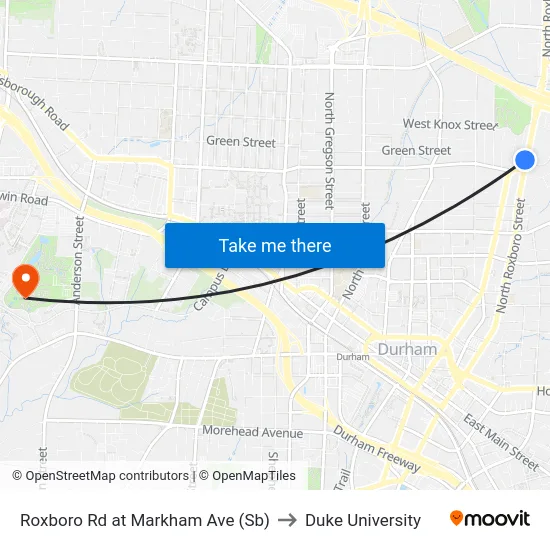 Roxboro Rd at Markham Ave (Sb) to Duke University map