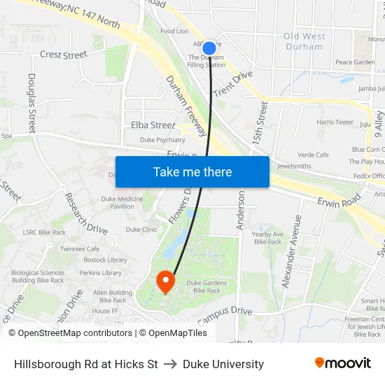 Hillsborough Rd at Hicks St to Duke University map