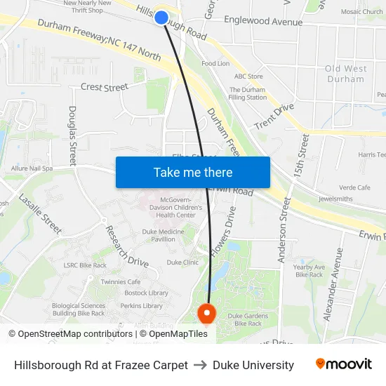 Hillsborough Rd at Frazee Carpet to Duke University map