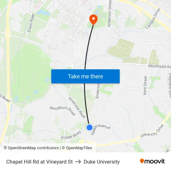 Chapel Hill Rd at Vineyard St to Duke University map