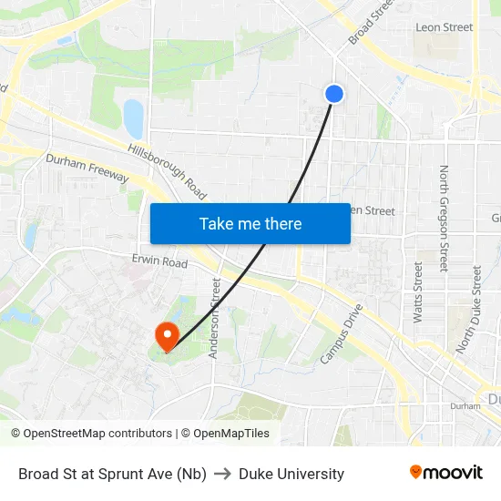 Broad St at Sprunt Ave (Nb) to Duke University map