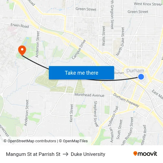 Mangum St at Parrish St to Duke University map