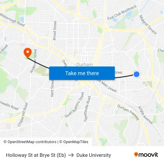 Holloway St at Brye St (Eb) to Duke University map