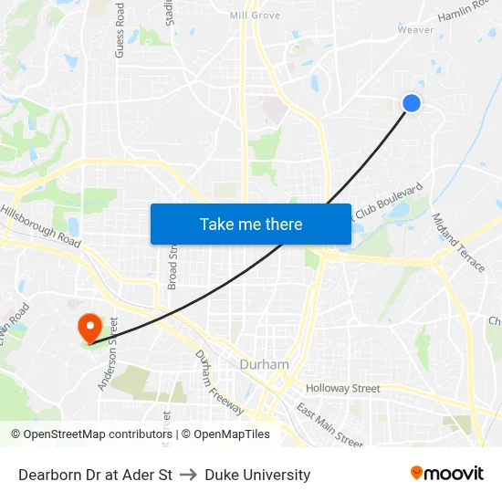 Dearborn Dr at Ader St to Duke University map