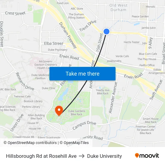 Hillsborough Rd at Rosehill Ave to Duke University map