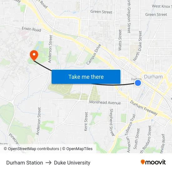 Durham Station to Duke University map