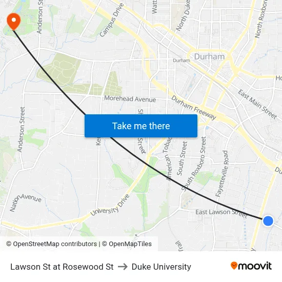 Lawson St at Rosewood St to Duke University map