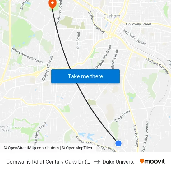 Cornwallis Rd at Century Oaks Dr (Sb) to Duke University map