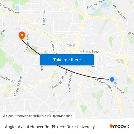 Angier Ave at Hoover Rd (Eb) to Duke University map