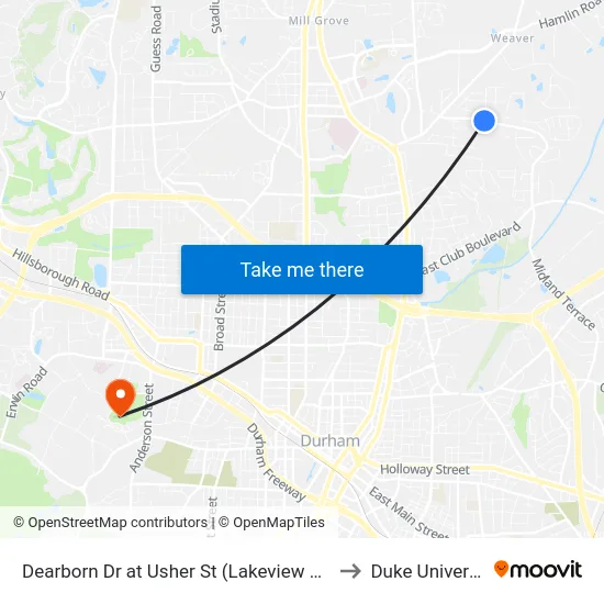 Dearborn Dr at Usher St (Lakeview School to Duke University map
