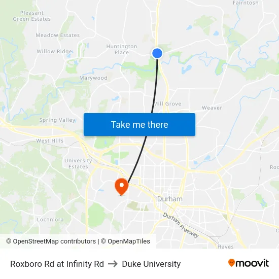 Roxboro Rd at Infinity Rd to Duke University map