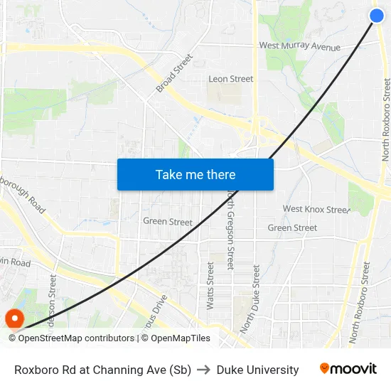 Roxboro Rd at Channing Ave (Sb) to Duke University map