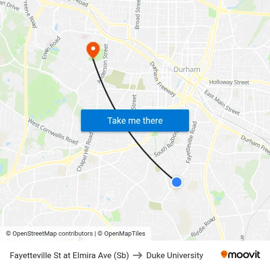 Fayetteville St at Elmira Ave (Sb) to Duke University map