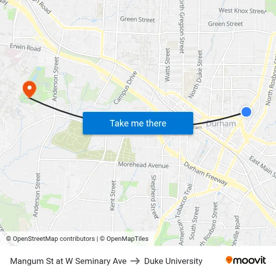 Mangum St at W Seminary Ave to Duke University map