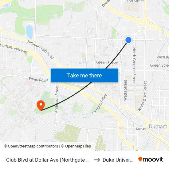 Club Blvd at Dollar Ave (Northgate Mall) to Duke University map