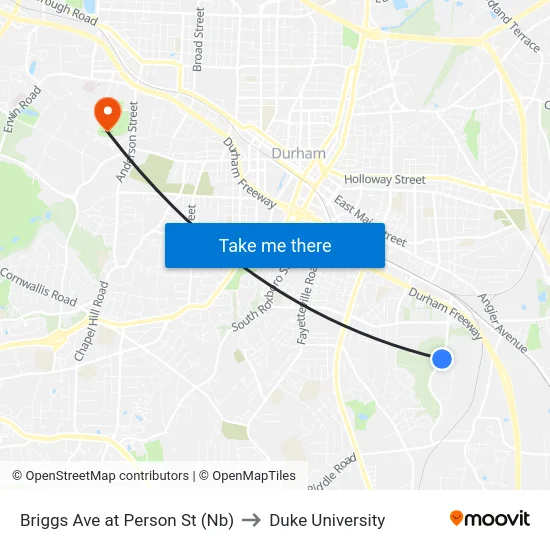 Briggs Ave at Person St (Nb) to Duke University map