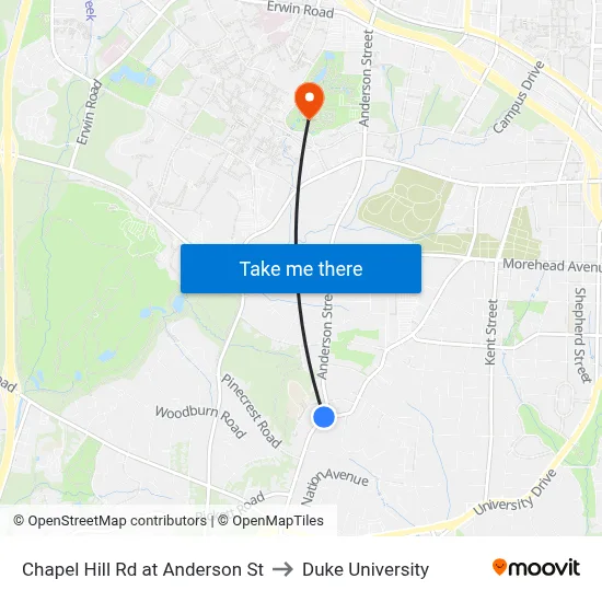 Chapel Hill Rd at Anderson St to Duke University map