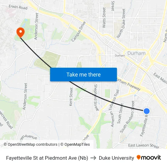 Fayetteville St at Piedmont Ave (Nb) to Duke University map