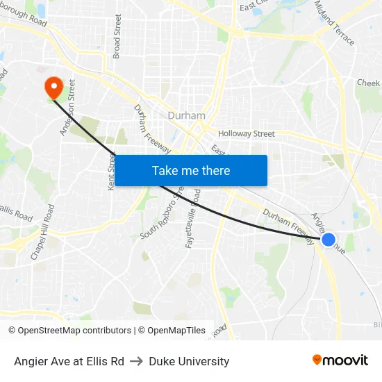Angier Ave at Ellis Rd to Duke University map