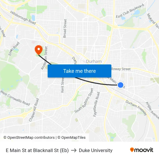 E Main St at Blacknall St (Eb) to Duke University map