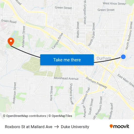 Roxboro St at Mallard Ave to Duke University map