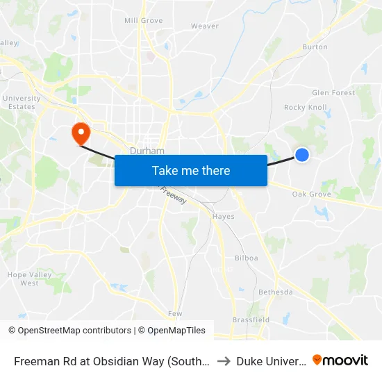 Freeman Rd at Obsidian Way (Southern Hs) to Duke University map