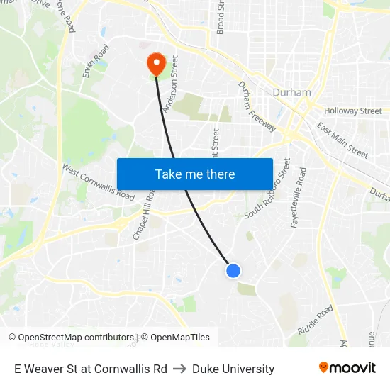 E Weaver St at Cornwallis Rd to Duke University map