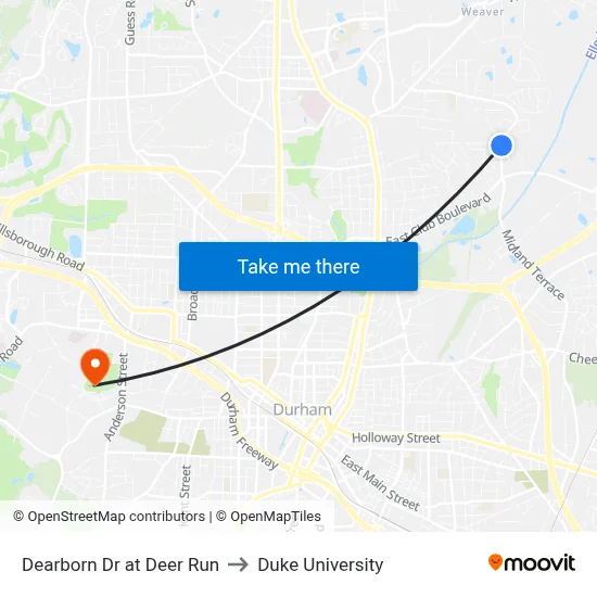 Dearborn Dr at Deer Run to Duke University map