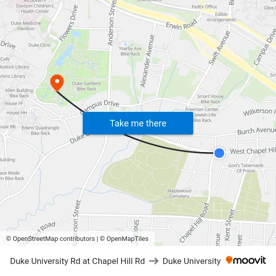 Duke University Rd at Chapel Hill Rd to Duke University map