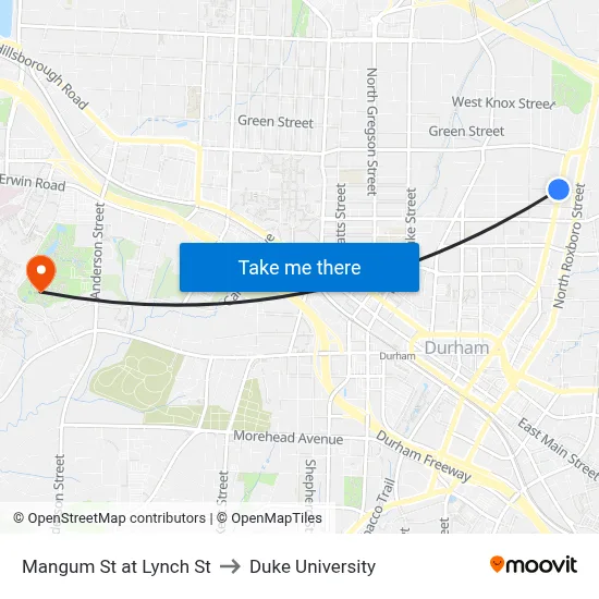 Mangum St at Lynch St to Duke University map