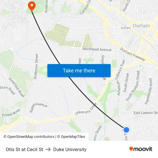 Otis St at Cecil St to Duke University map