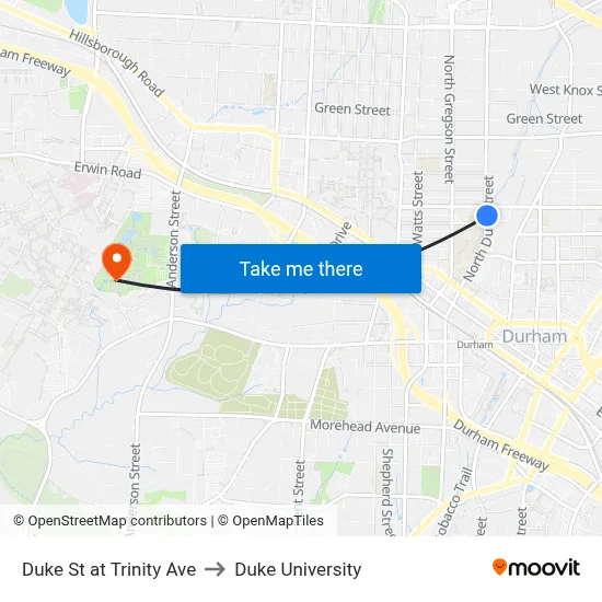 Duke St at Trinity Ave to Duke University map