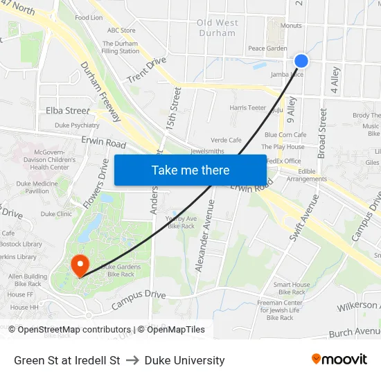 Green St at Iredell St to Duke University map