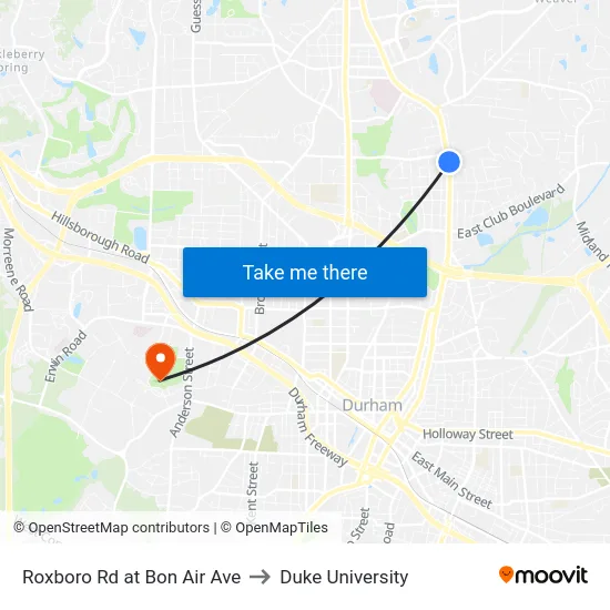 Roxboro Rd at Bon Air Ave to Duke University map